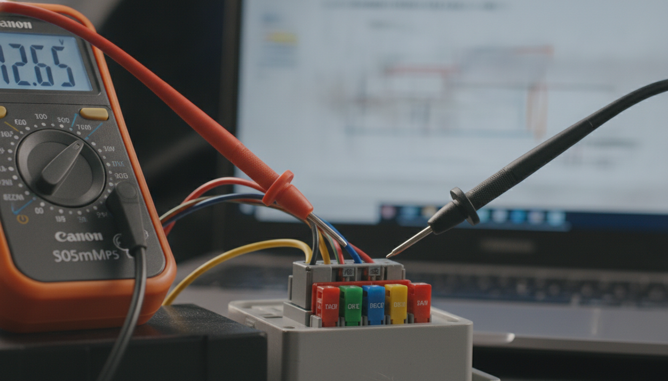 Electrical multimeter testing car wiring harness.