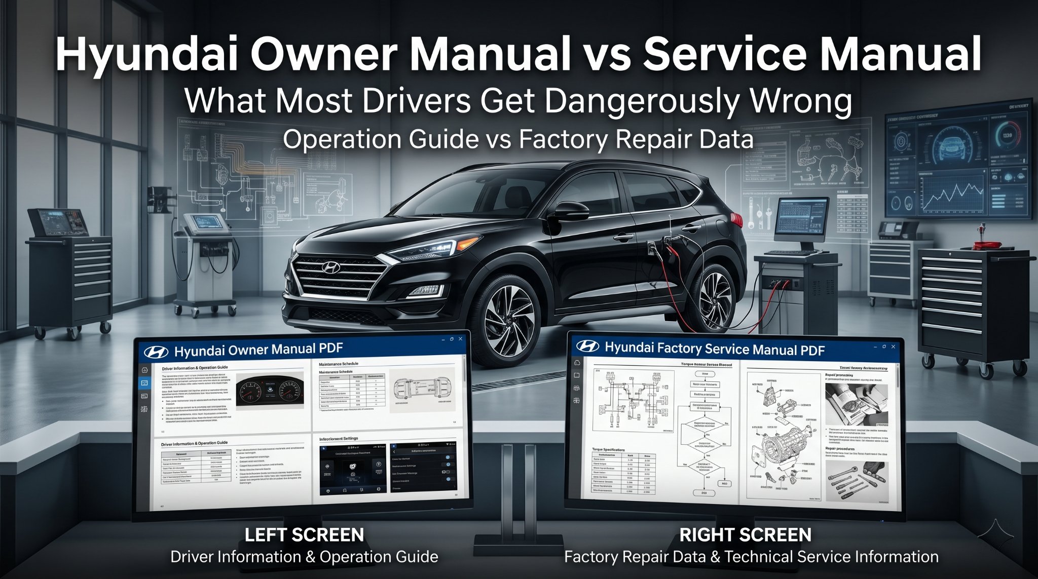 digital Hyundai owner manual and service manual comparison displayed on laptop screens