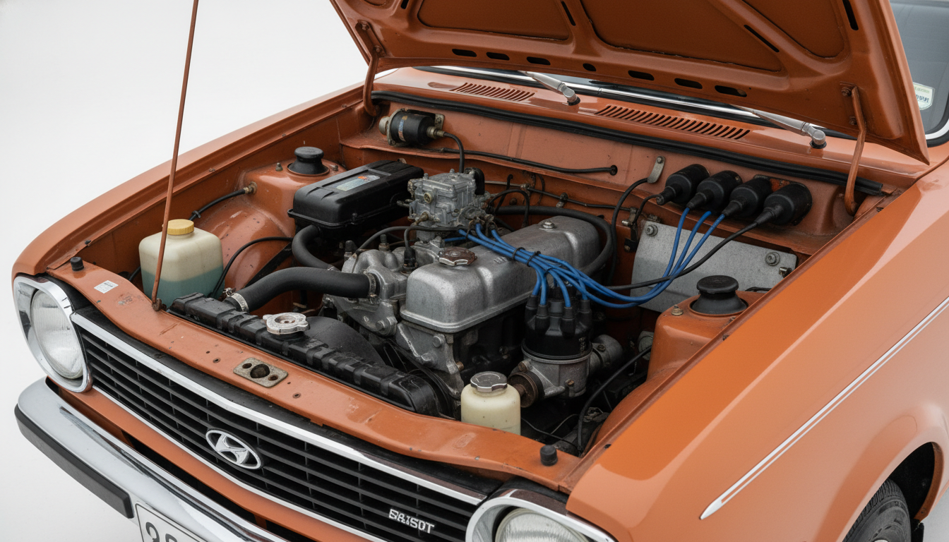 A restored classic Hyundai Pony engine and engine bay