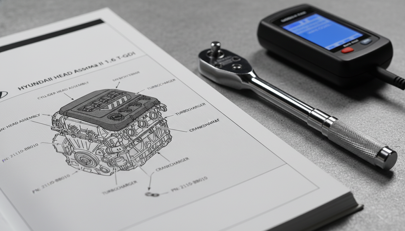 Close-up of a Hyundai factory service manual with mechanical tools on a clean workbench