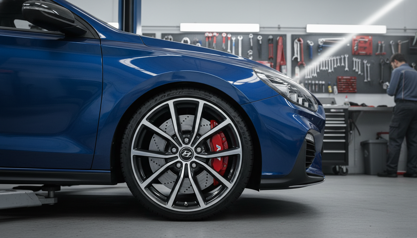 Detail of the performance braking system on a Hyundai i30 N-Line