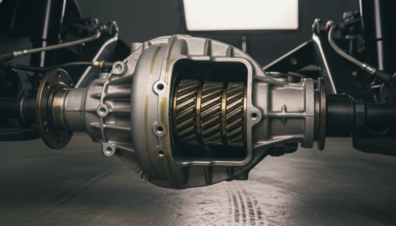 Close-up of the rear differential and LSD components of a Hyundai Genesis Coupe