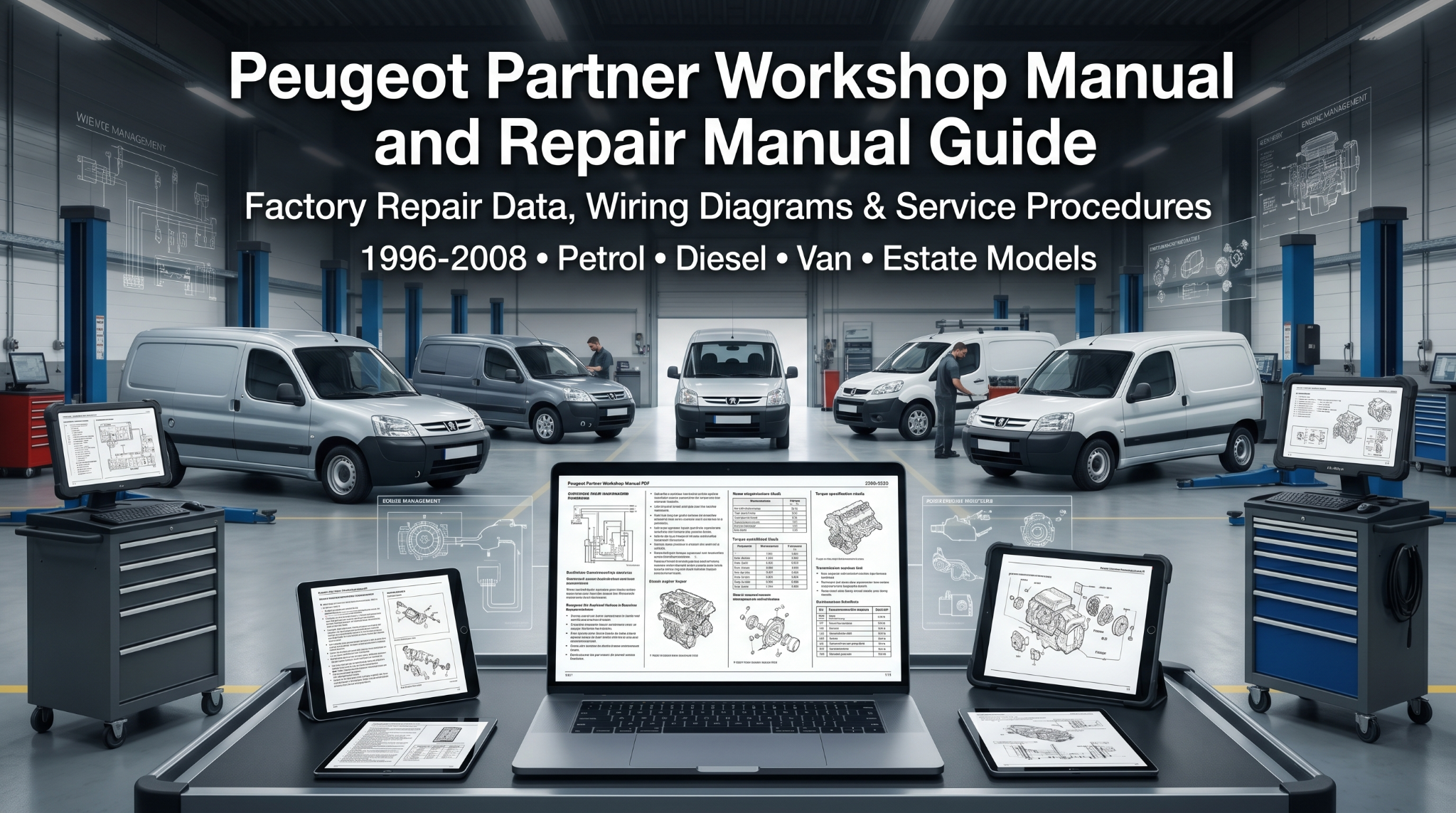 digital Peugeot Partner workshop manual PDF displayed on multiple screens with first-generation Peugeot Partner petrol and diesel vans in professional commercial vehicle workshop setting