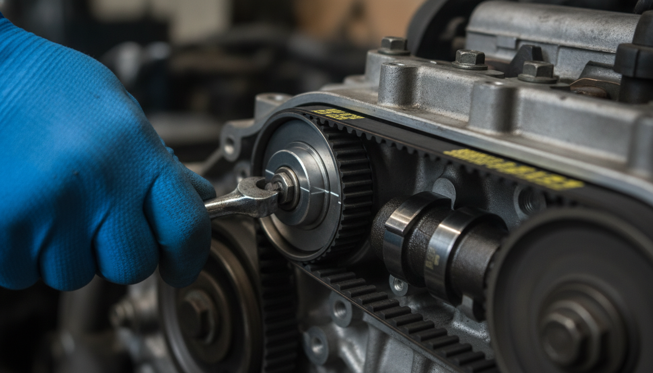 Step-by-step timing belt replacement on a Peugeot Partner 1.4 petrol engine following manual specifications.