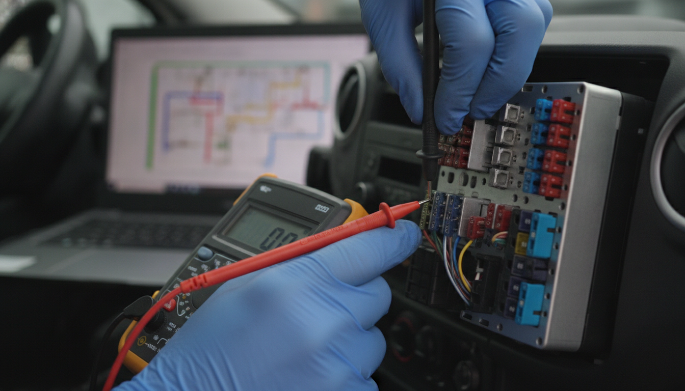 Electrical troubleshooting on a Peugeot Partner using a multimeter and wiring diagram schematic.