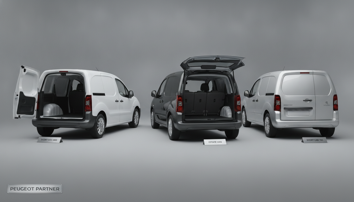 Visual overview of Peugeot Partner model types including Short Van, Estate Van, and Short Cab variants.