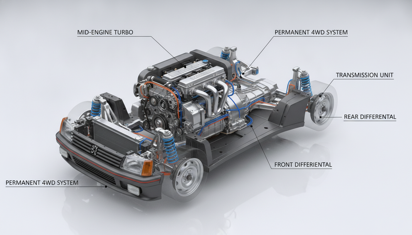 Mid-engine drivetrain packaging layout diagram