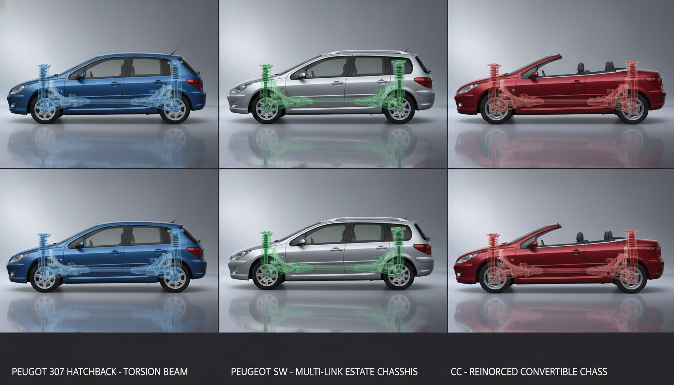 Comparison of Peugeot 307 restyling models, including saloon, estate, and CC versions for specific workshop manual selection