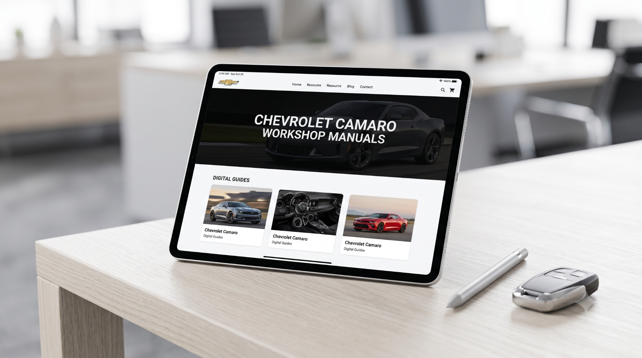 Digital tablet displaying Chevrolet Camaro workshop manuals.
