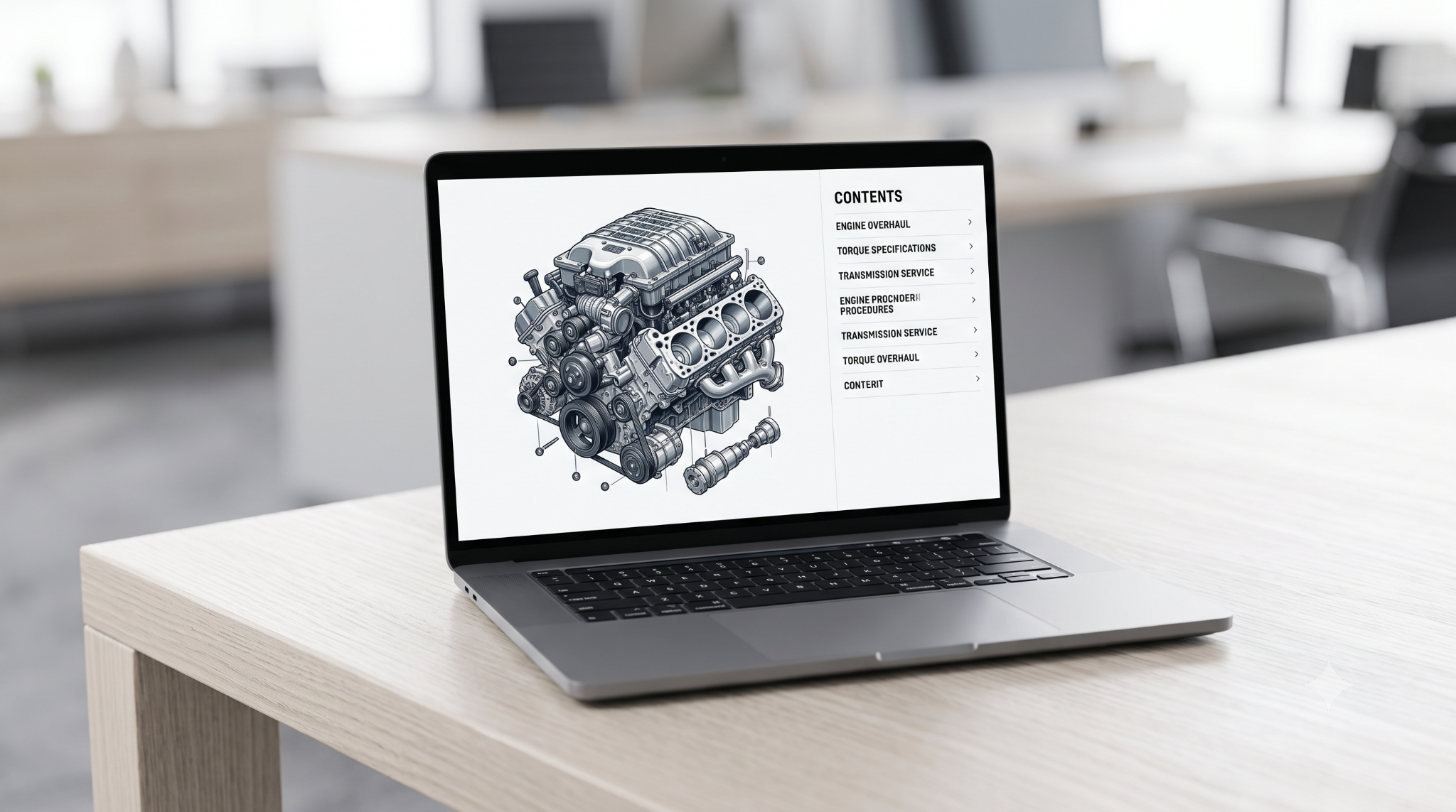 Laptop showing an exploded V8 engine repair diagram.