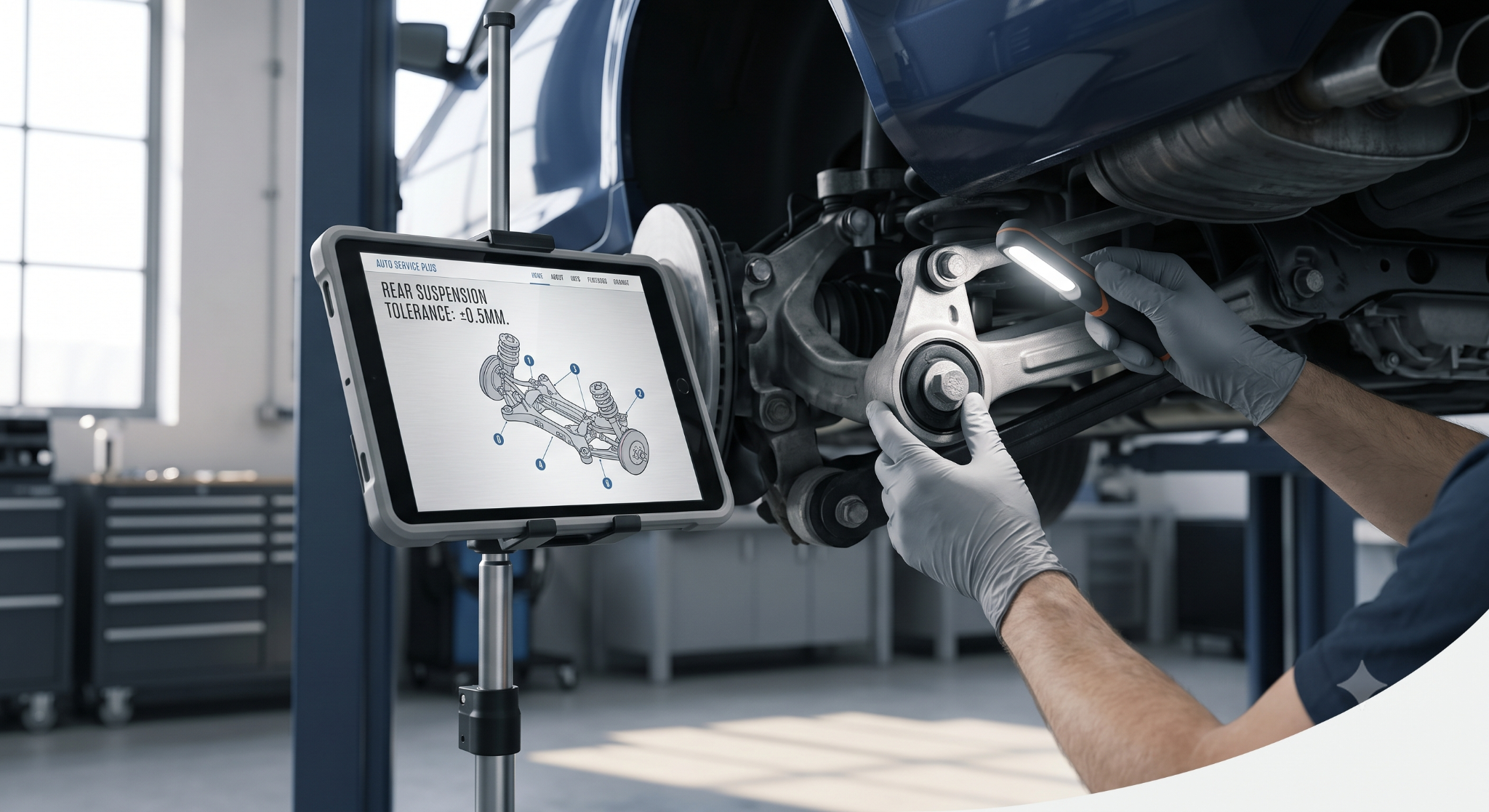 Mechanic inspecting Caprice PPV suspension using digital data.