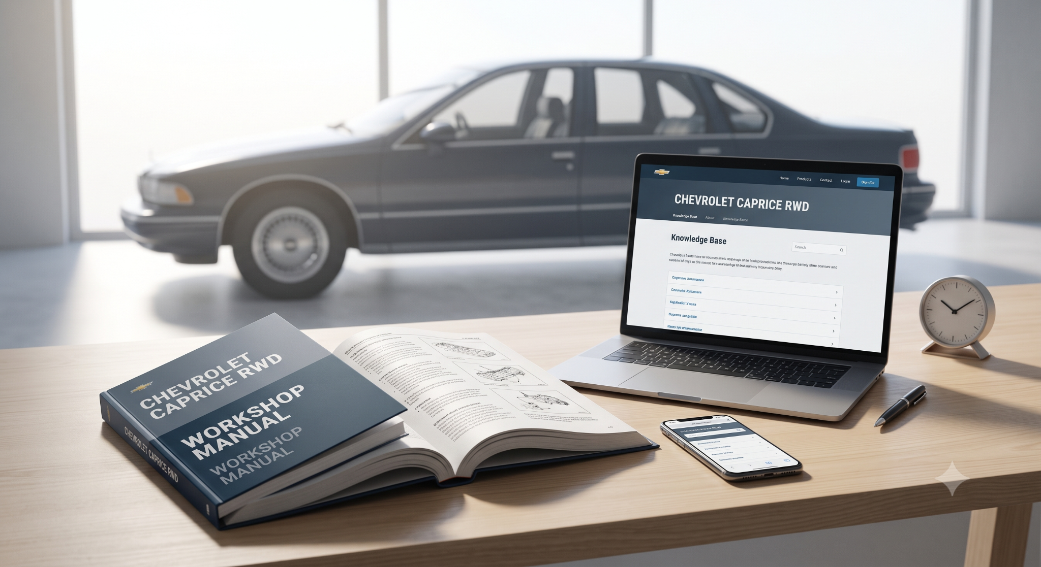 Open Chevrolet Caprice workshop manual on minimalist desk.