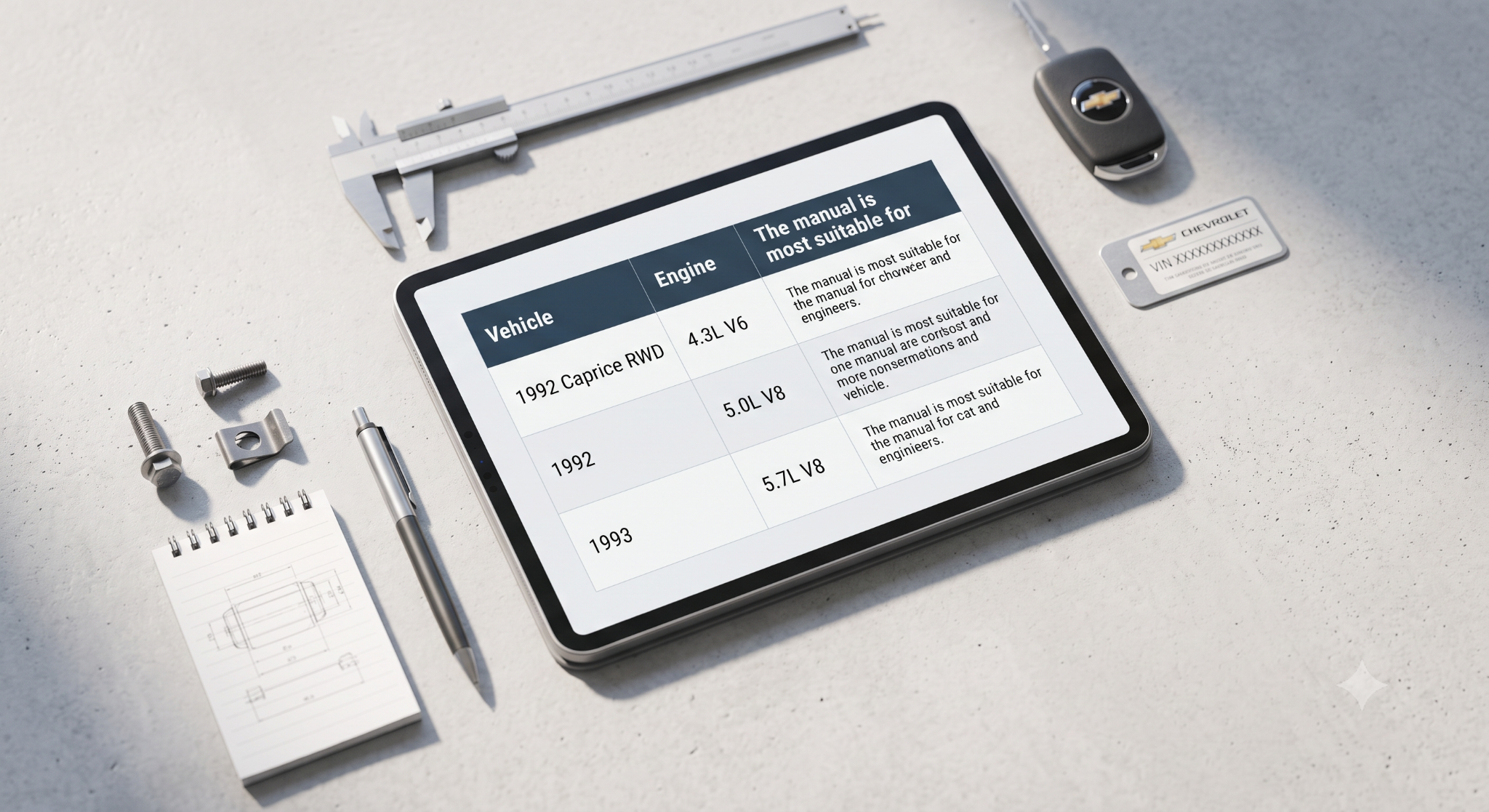 Tablet comparison table and organized mechanical tools.