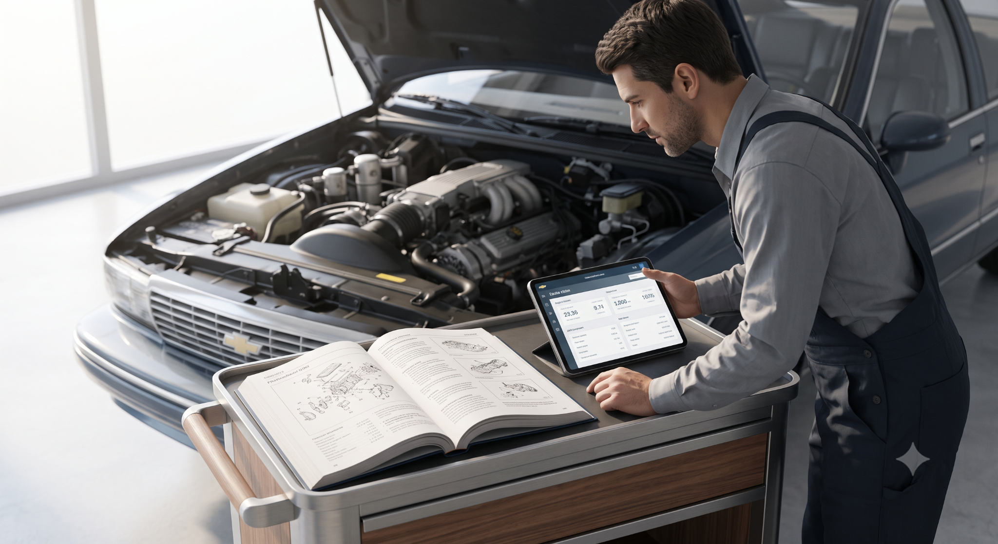 Technician using printed manual and diagnostic tablet.