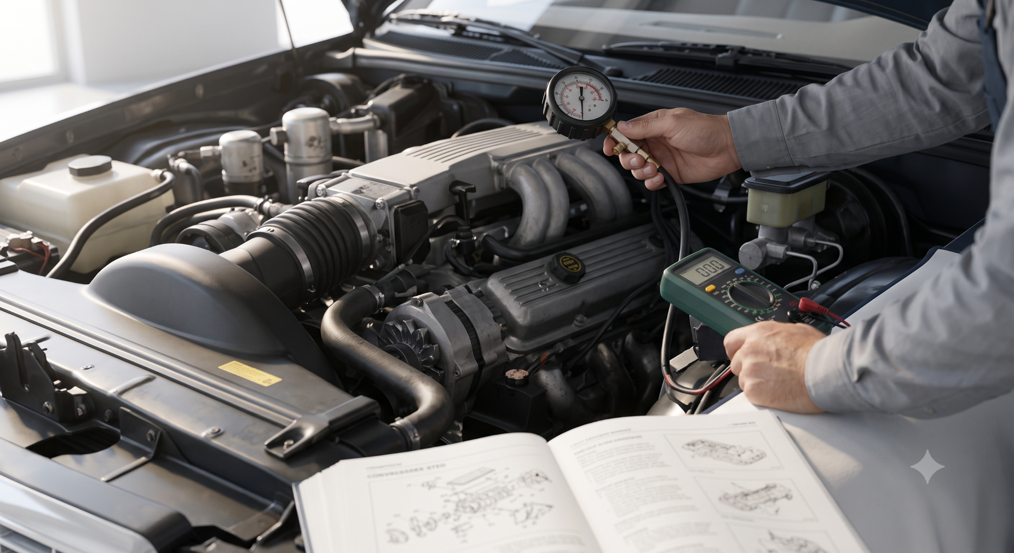 Close-up of engine fuel pressure diagnostic testing.