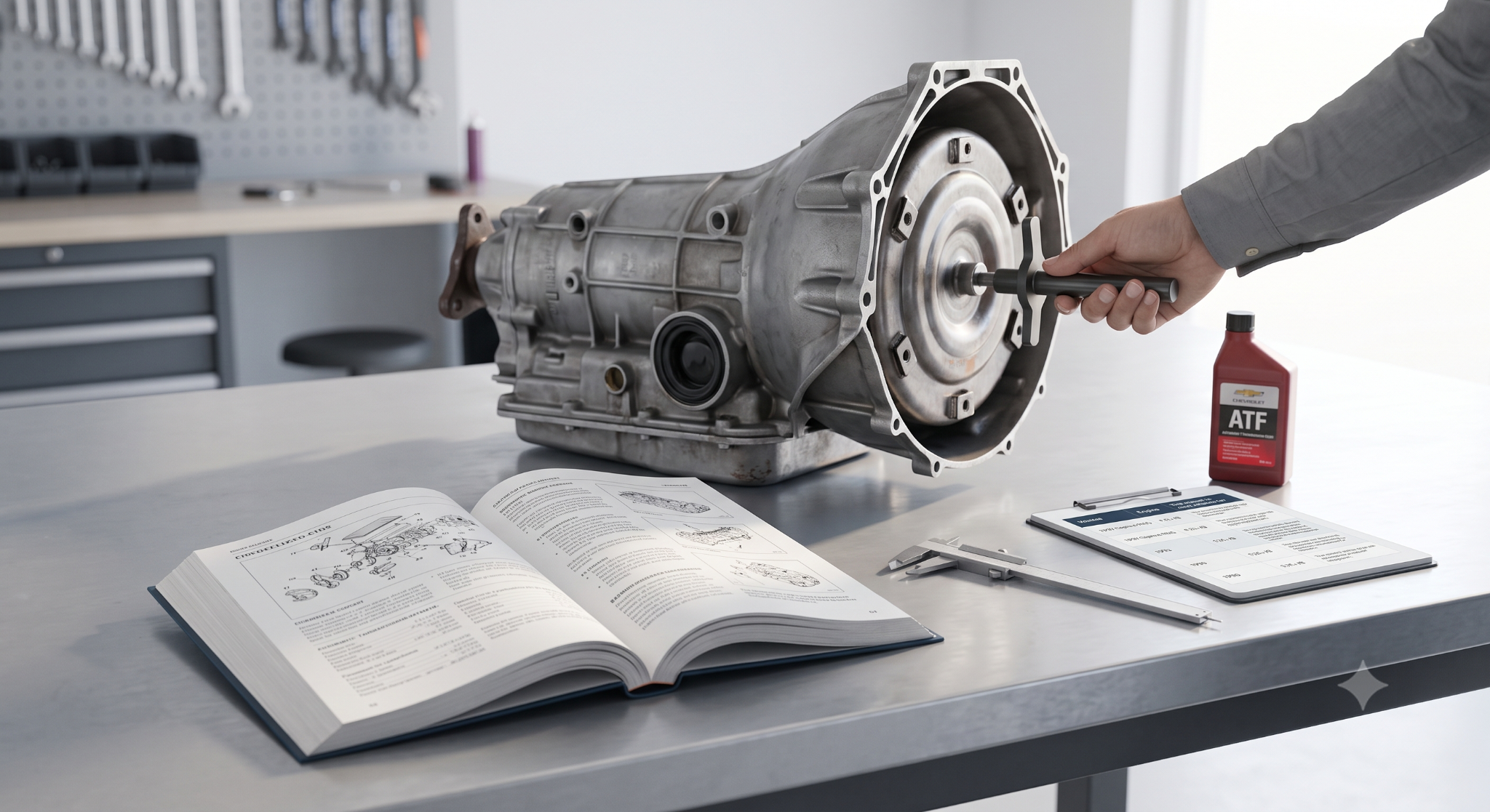 Transmission assembly undergoing organized bench inspection.