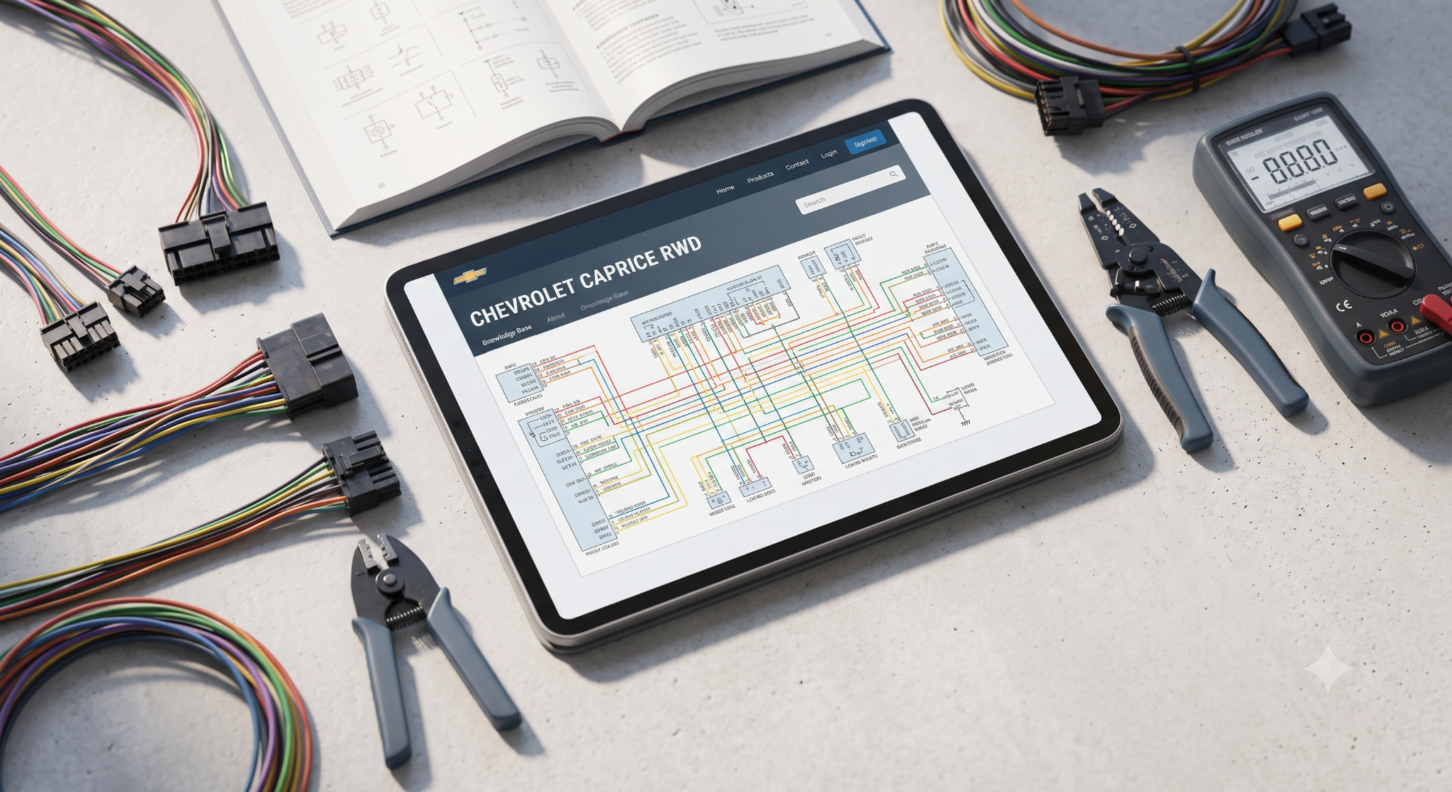 Tablet showing wiring schematic with organized connectors.