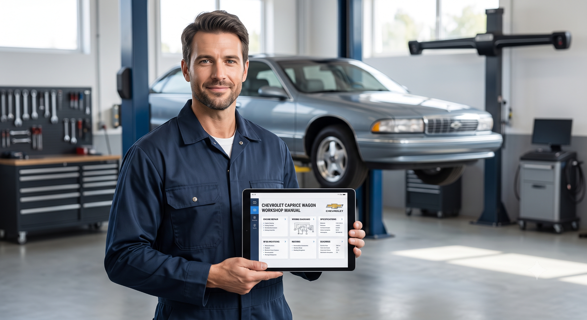 Confident mechanic holding tablet with car repair interface.