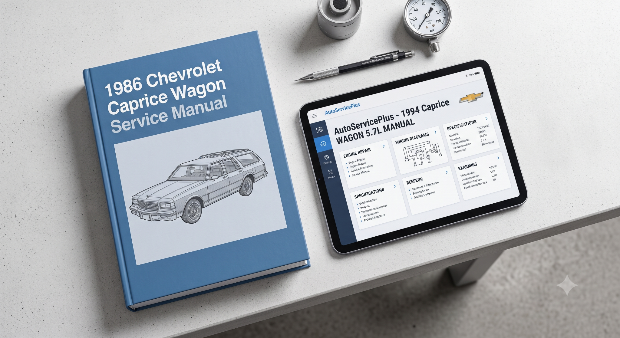Flat lay contrasting physical 86 manual and tablet 94 data.