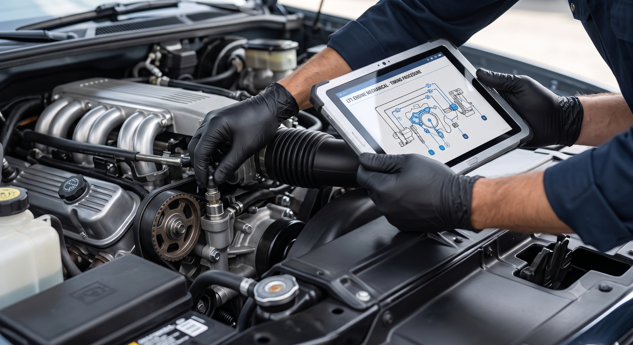 Hands servicing Caprice engine bay referencing a technical diagram.