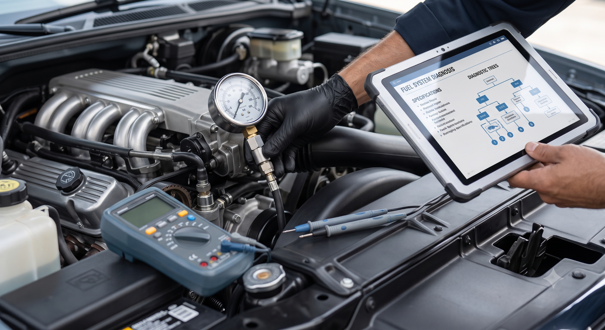 Close-up of diagnostic gauge and multimeter near Caprice TBI engine.