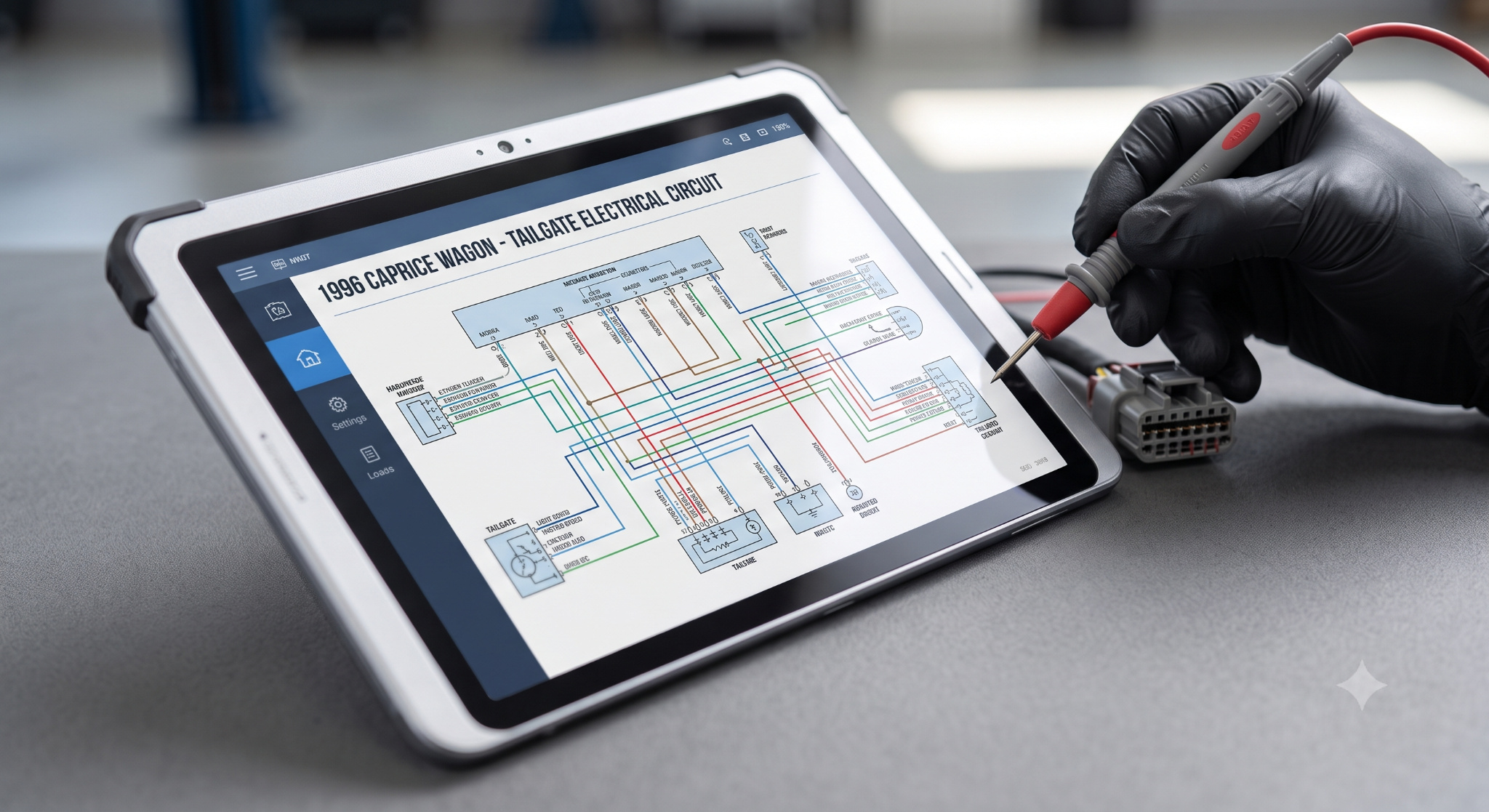 Close-up of tablet showing colorful Caprice Wagon wiring schematic.
