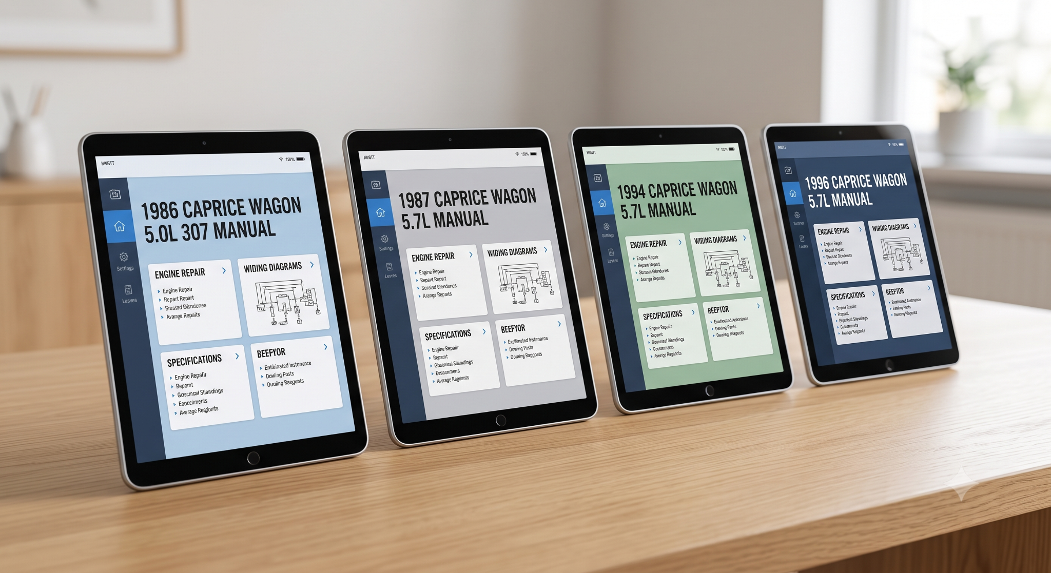 Organized minimalist lineup of four tablets showing manual covers.