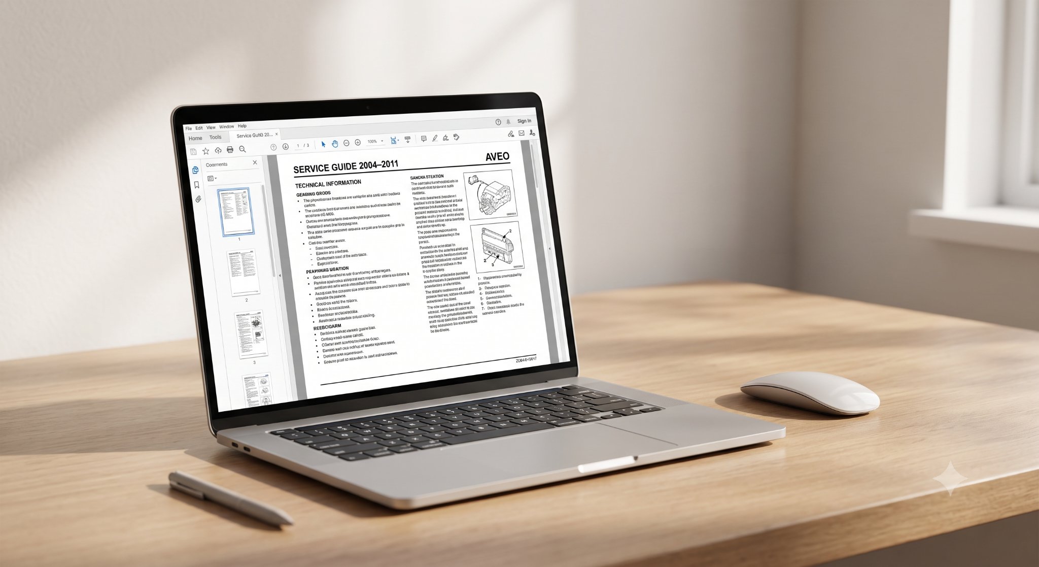 Professional laptop displaying Chevrolet Aveo workshop manual.