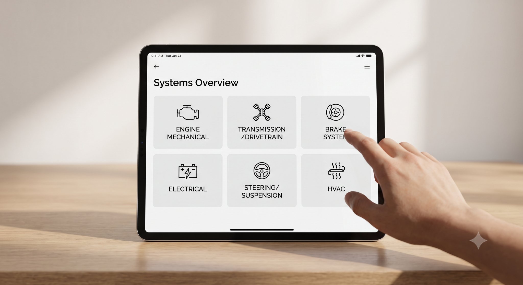 Tablet showing comprehensive automotive repair coverage.