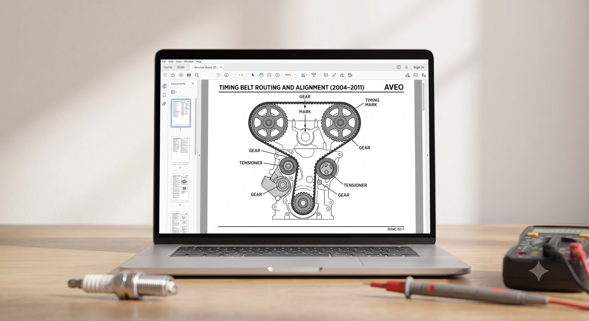 Tighter shot of laptop engine diagram and multimeter.