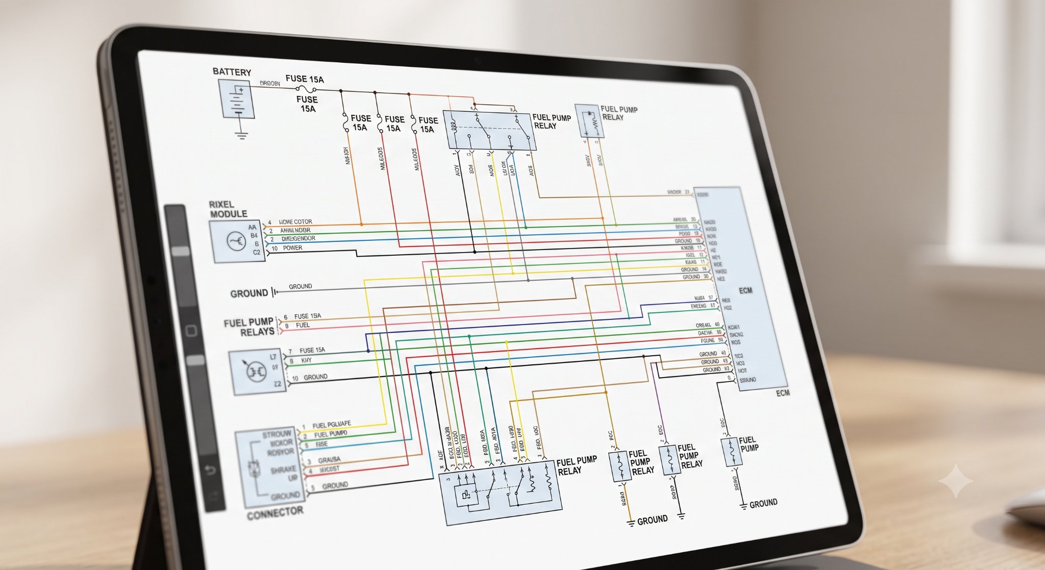 Macro close-up of technical automotive wiring diagram.