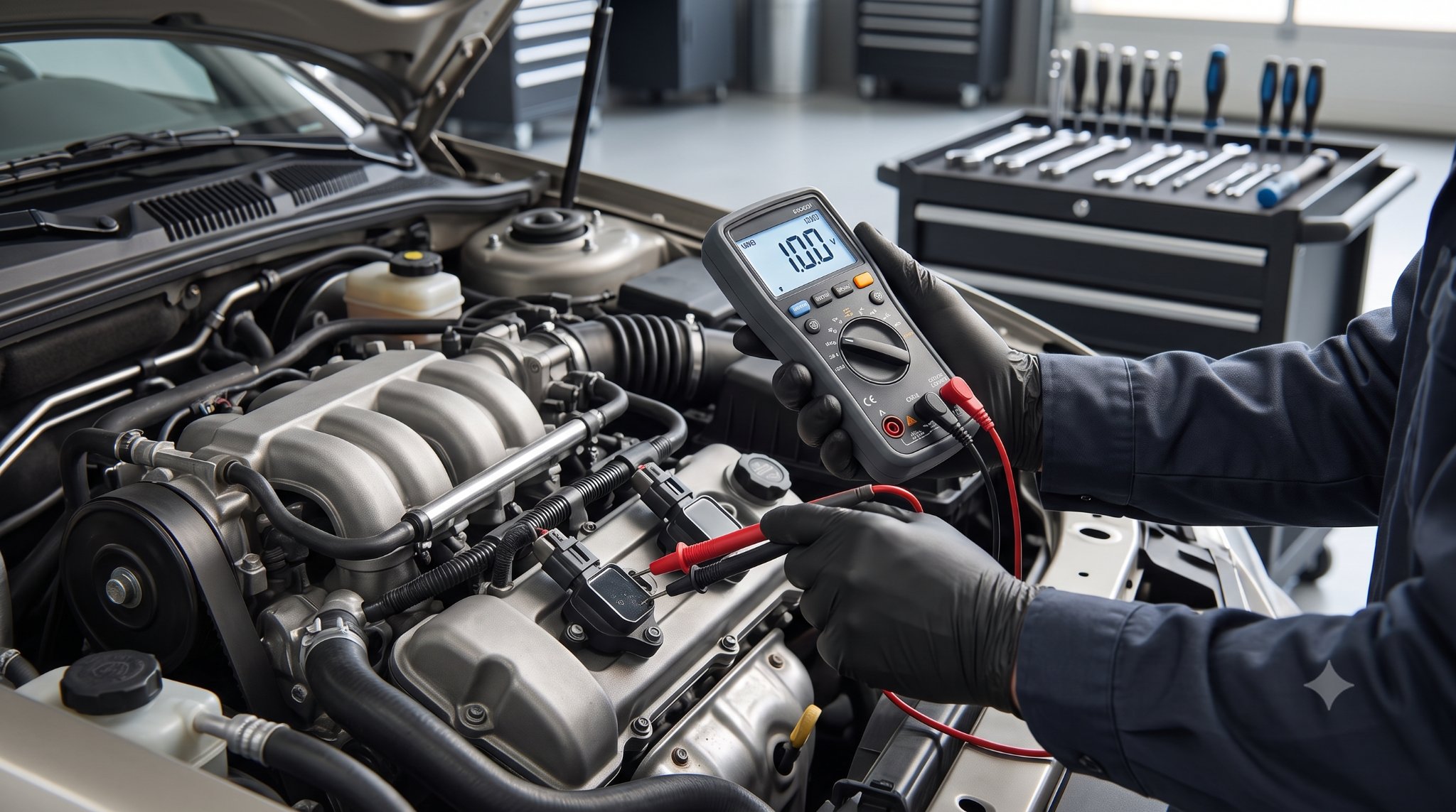Mechanic testing V6 ignition with multimeter