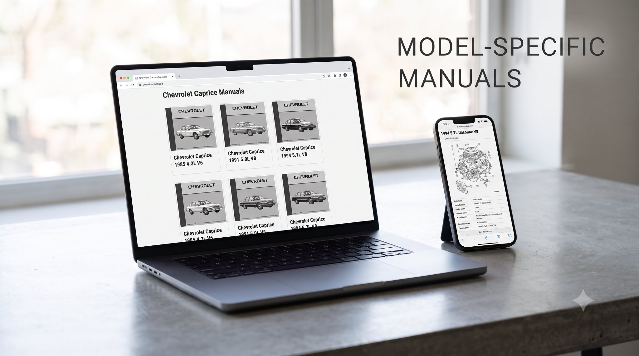 tablet showing specific Caprice model year engine options