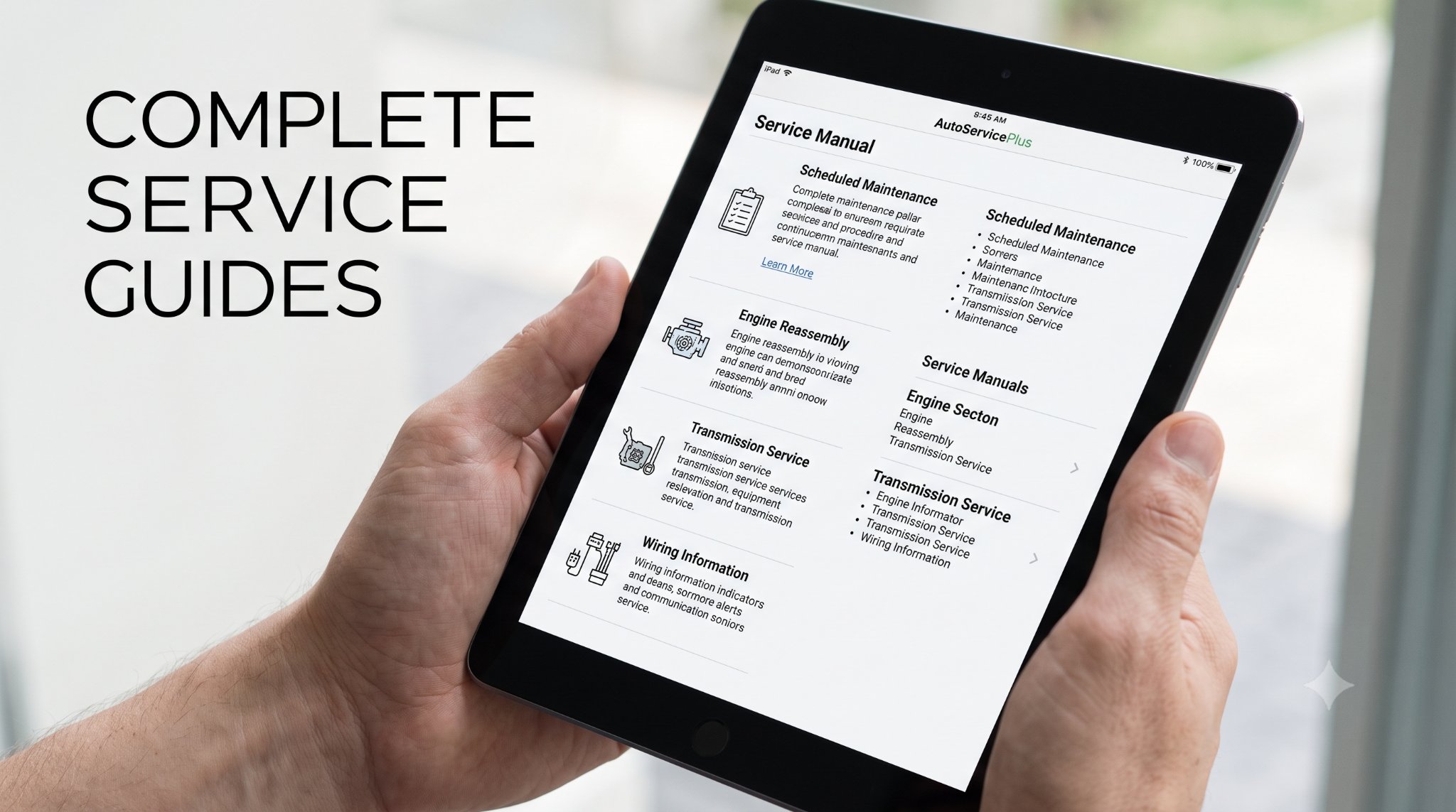 iPad displaying complete repair manual content table