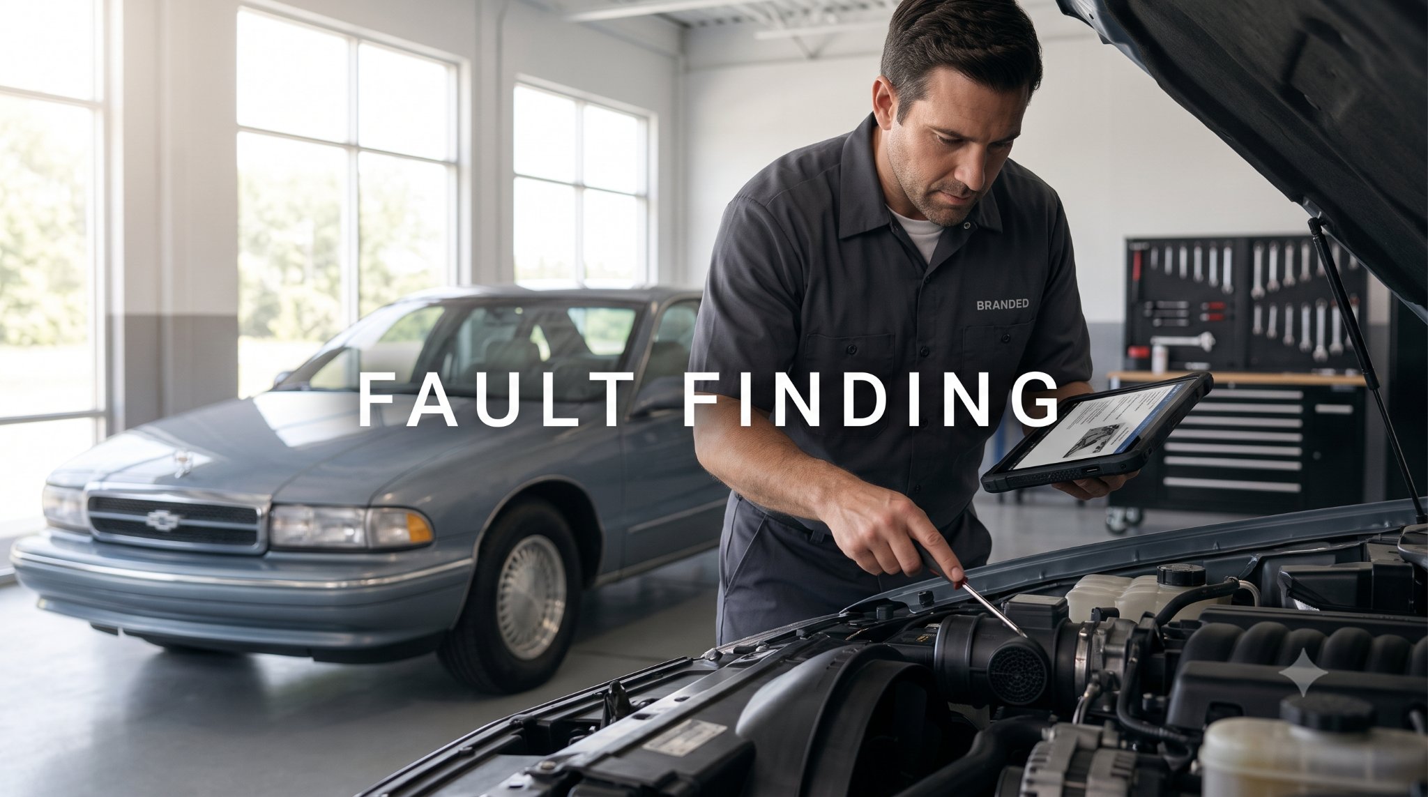 technician diagnosing engine problem with digital guide