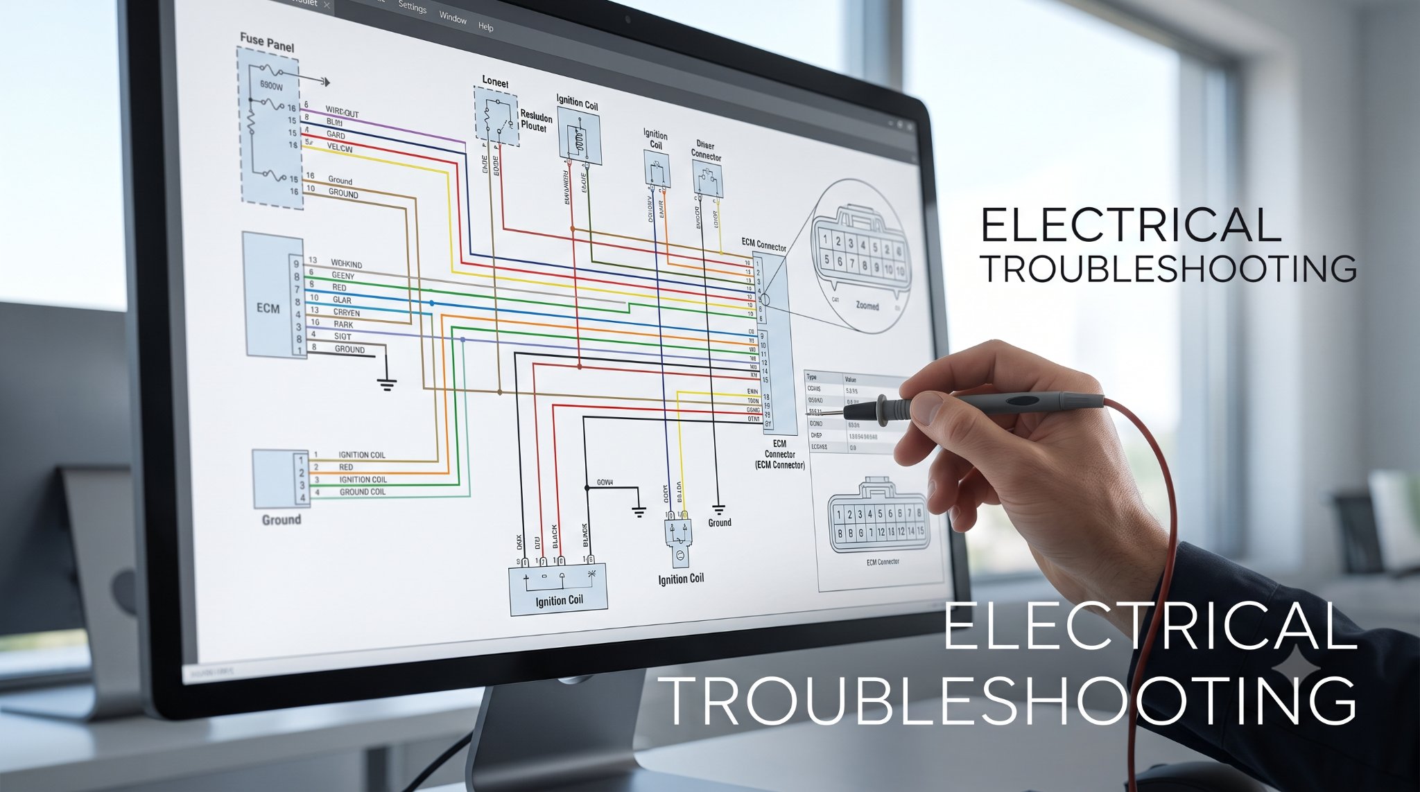 monitor screen displaying complex wiring diagram details