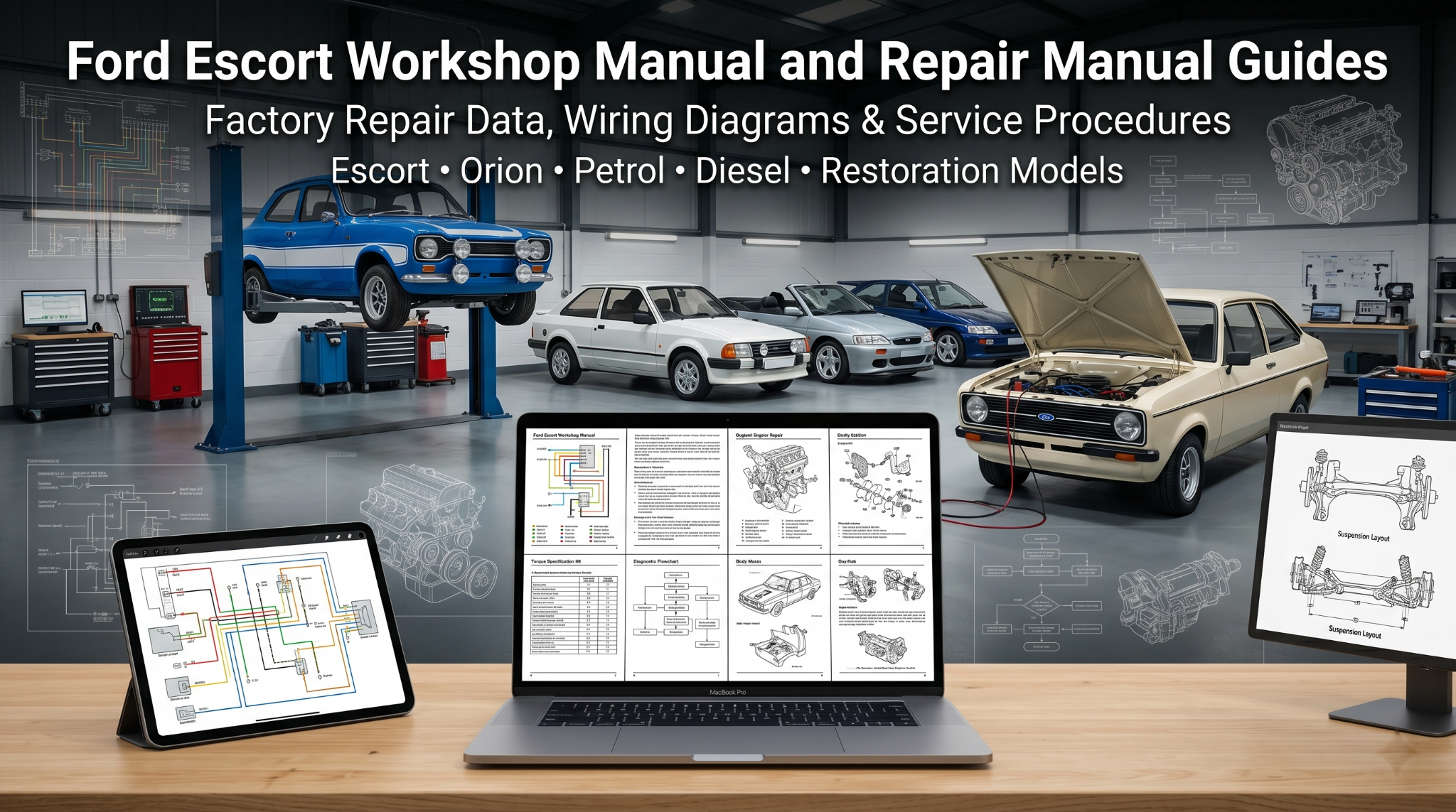 Ford Escort manuals on laptop screens in restoration workshop.