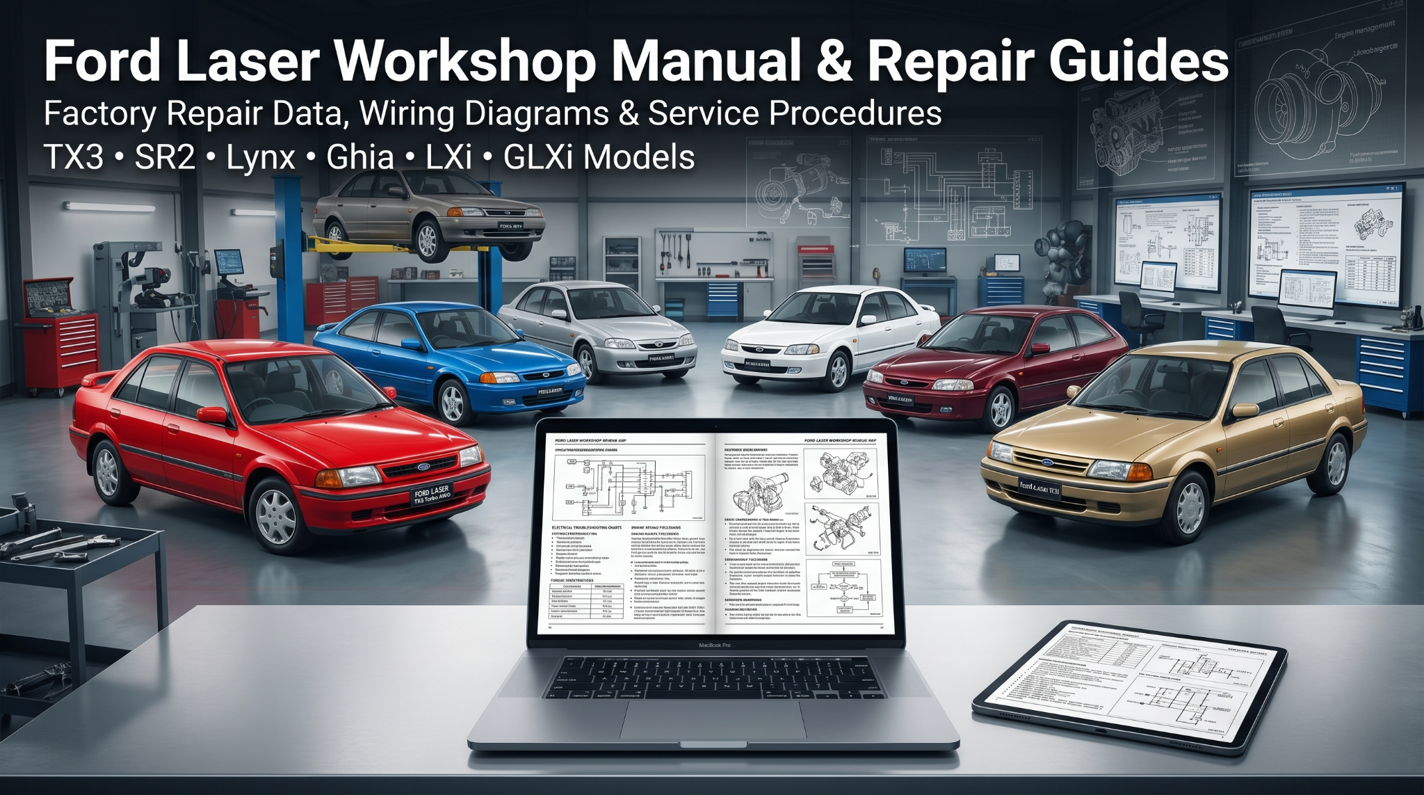 Ford Laser manuals on laptop screens in restoration workshop.