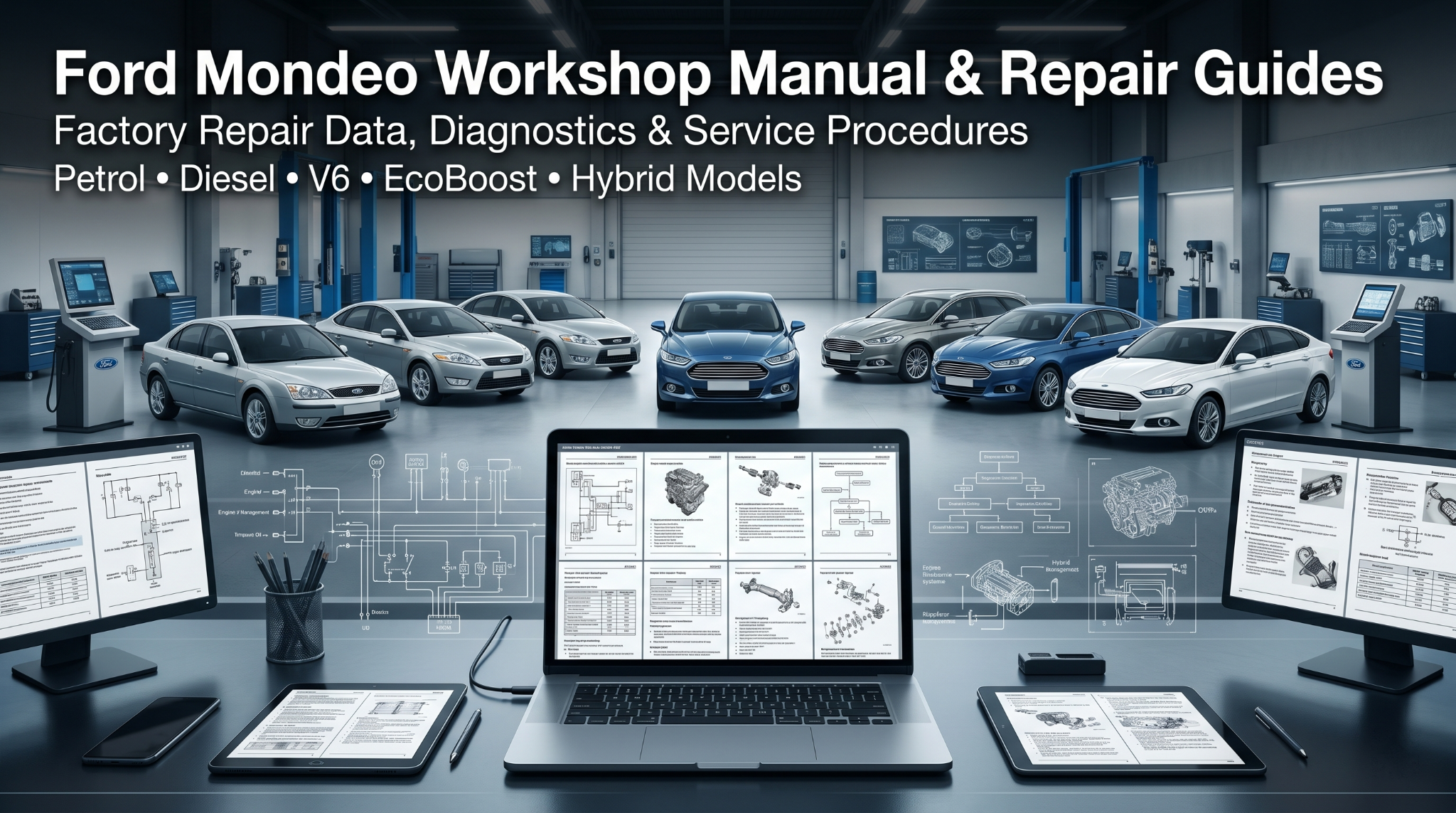 Ford Mondeo manual PDF on screens in diagnostic workshop.