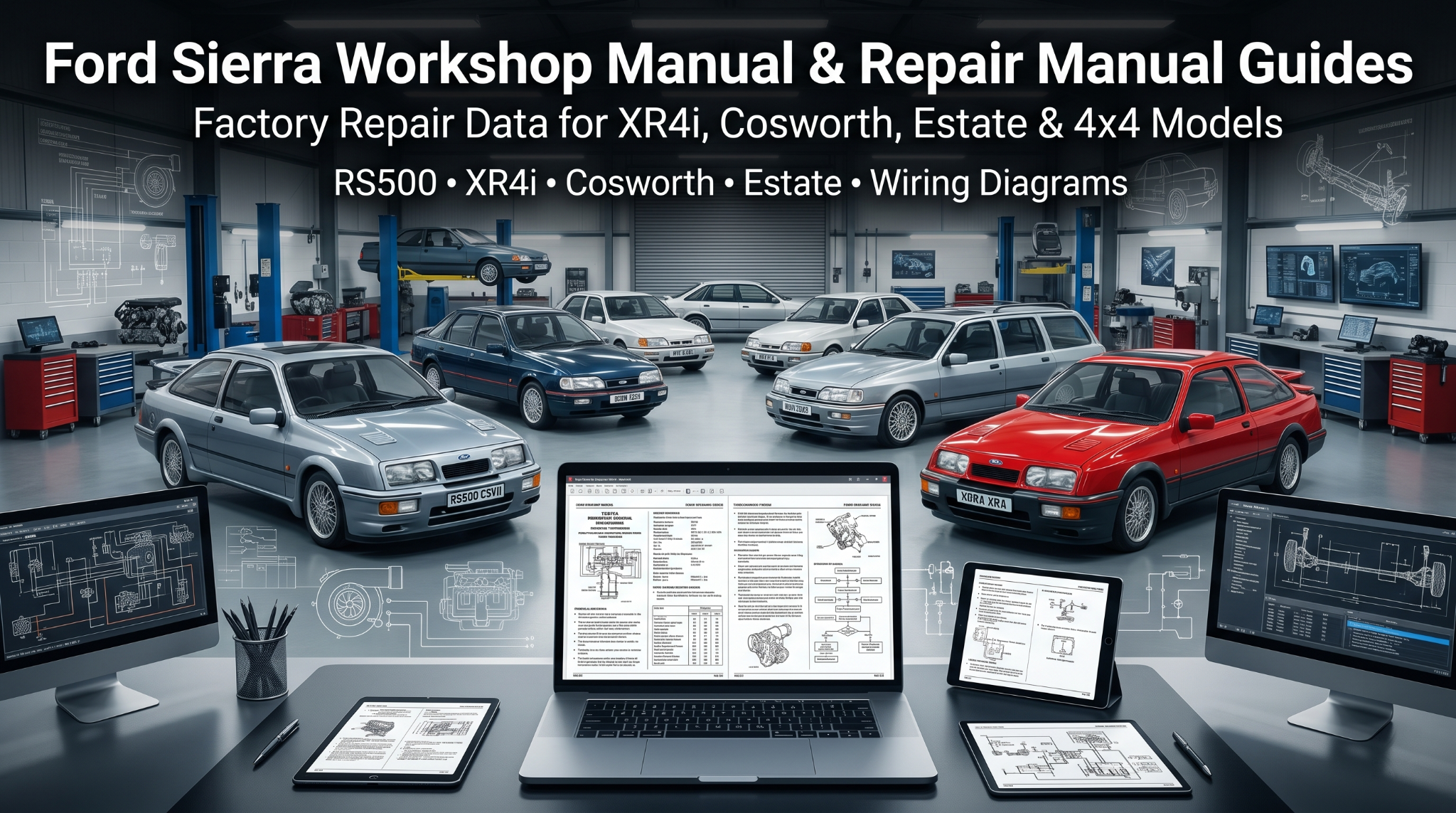 Ford Sierra manual PDF on screens in restoration workshop.