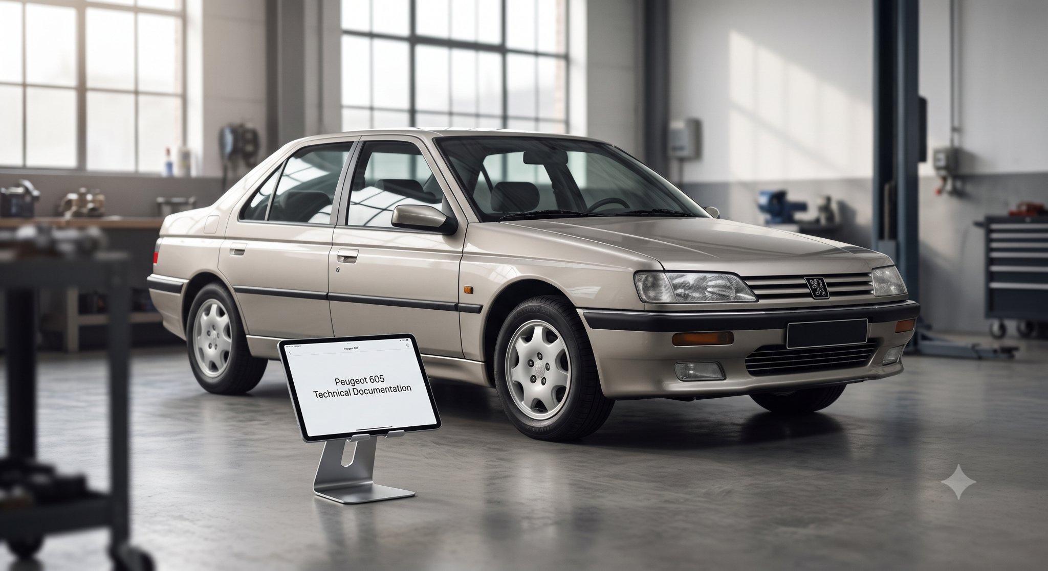 Classic Peugeot 605 in modern garage