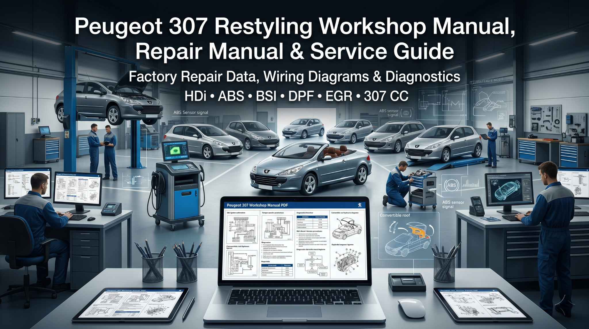digital Peugeot 307 workshop manual PDF displayed on multiple screens with Peugeot 307 hatchback, estate, HDi and 307 CC models in professional automotive diagnostic workshop setting