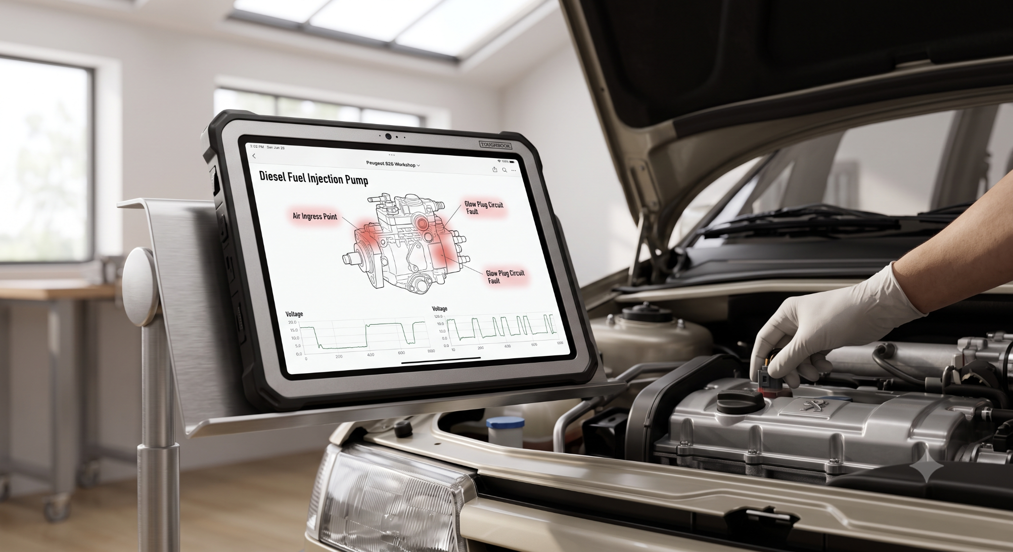 diesel engine diagnosis on technical tablet