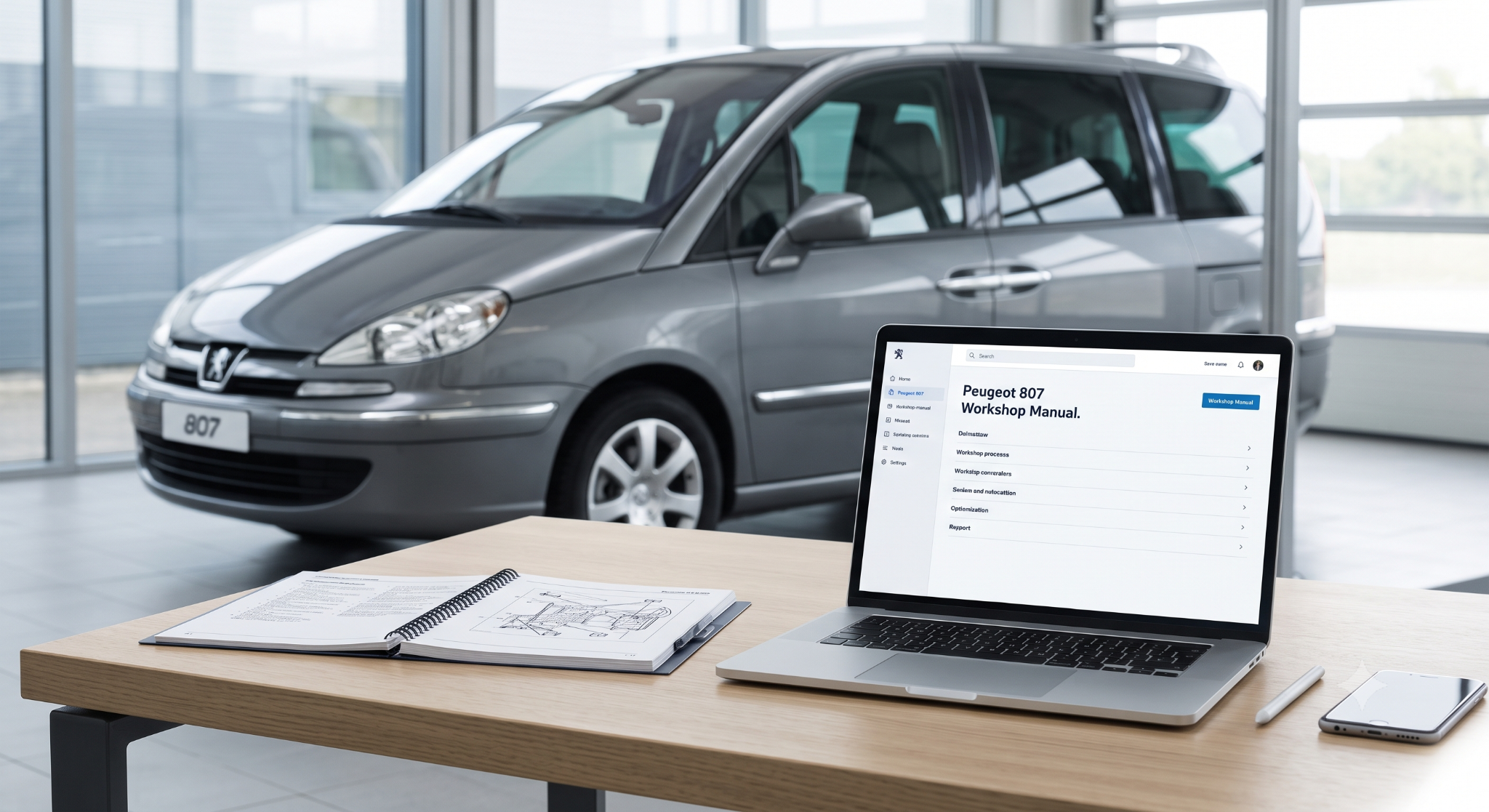 Peugeot 807 workshop manual digital interface on laptop in modern garage
