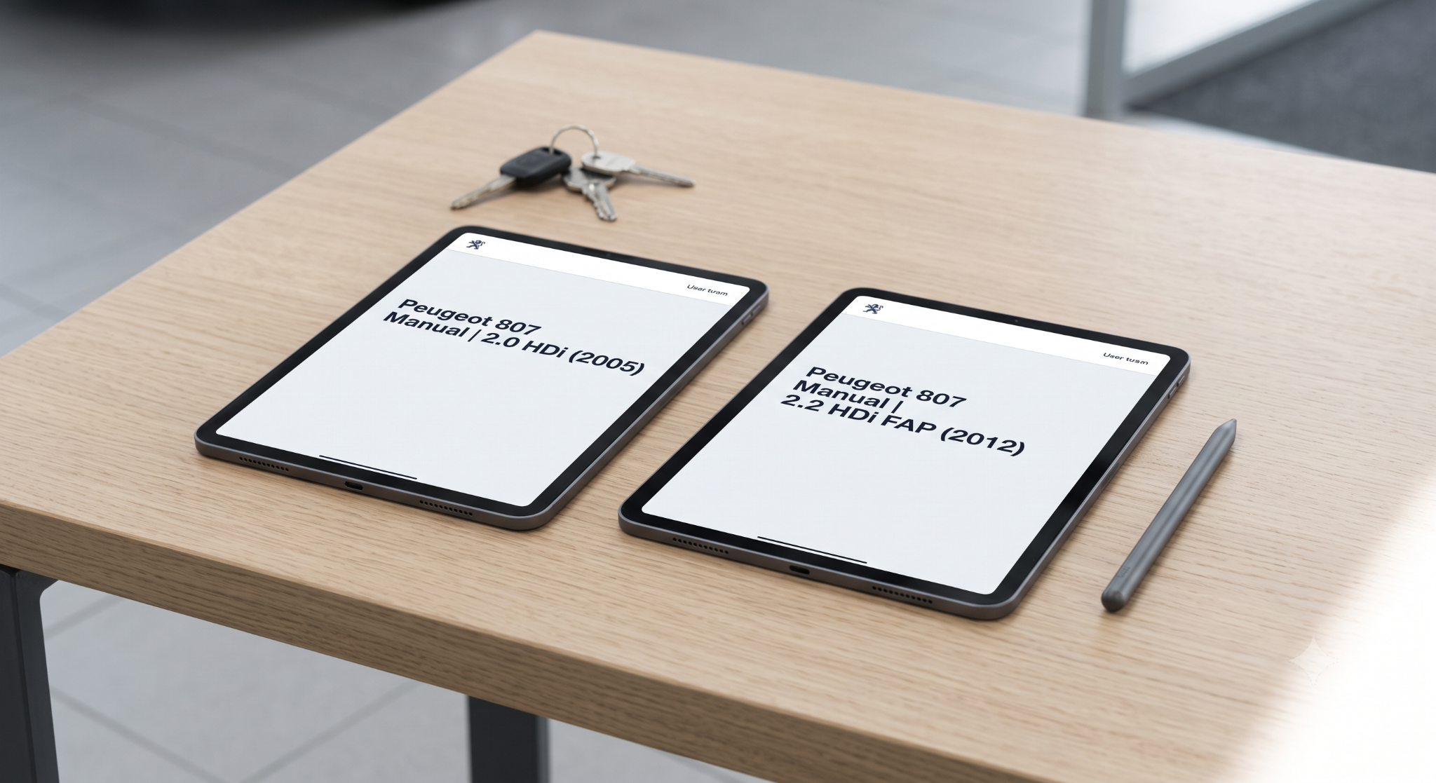 Two tablets displaying different Peugeot 807 manual versions for comparison