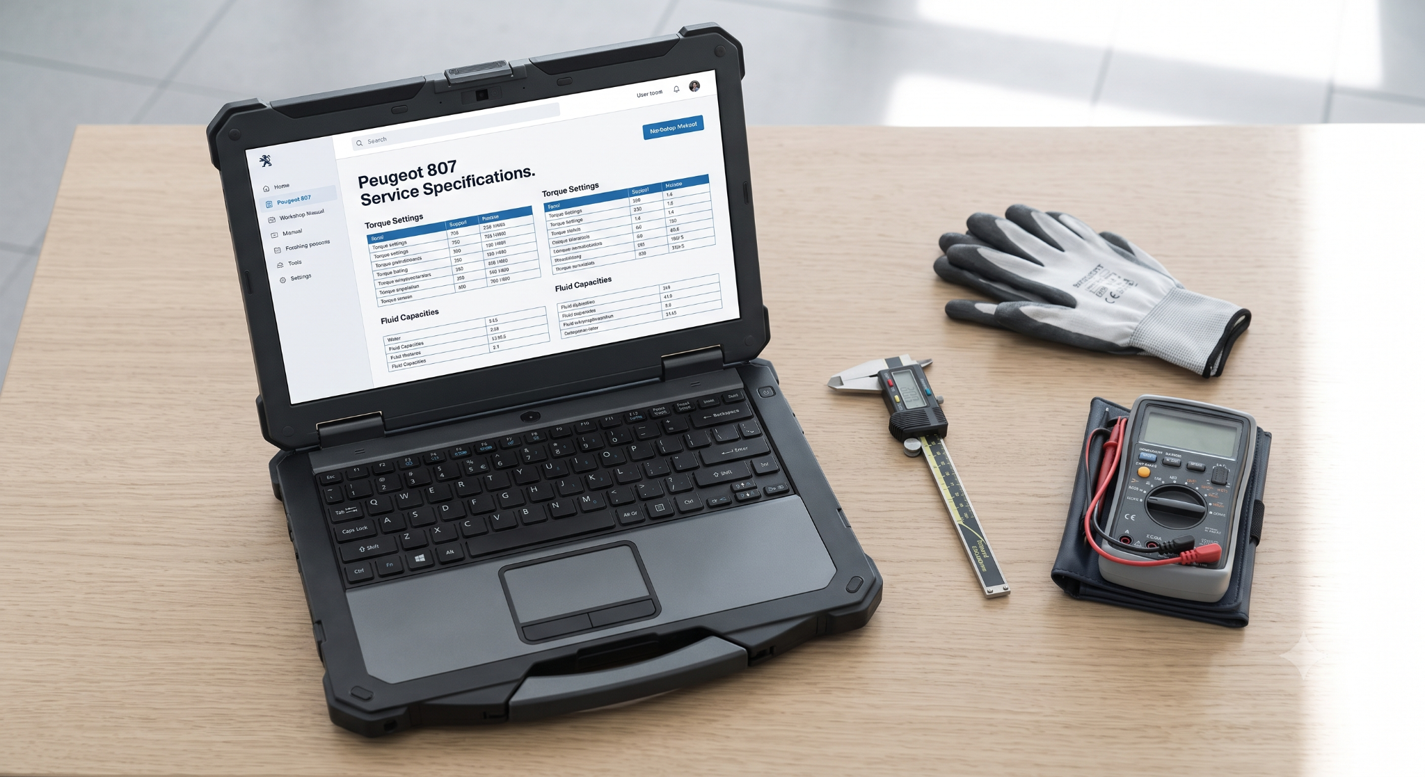 Top-down view of workspace with laptop showing Peugeot 807 technical specifications