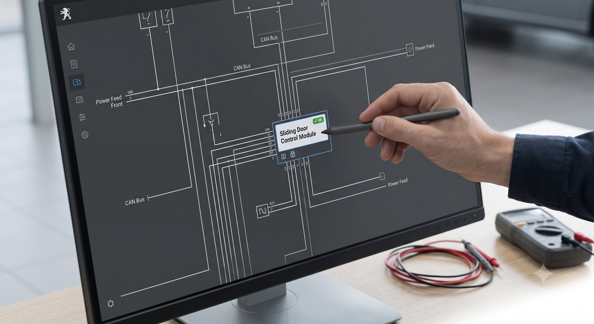 Stylus pointing to Sliding Door Control Module on a complex Peugeot 807 wiring diagram