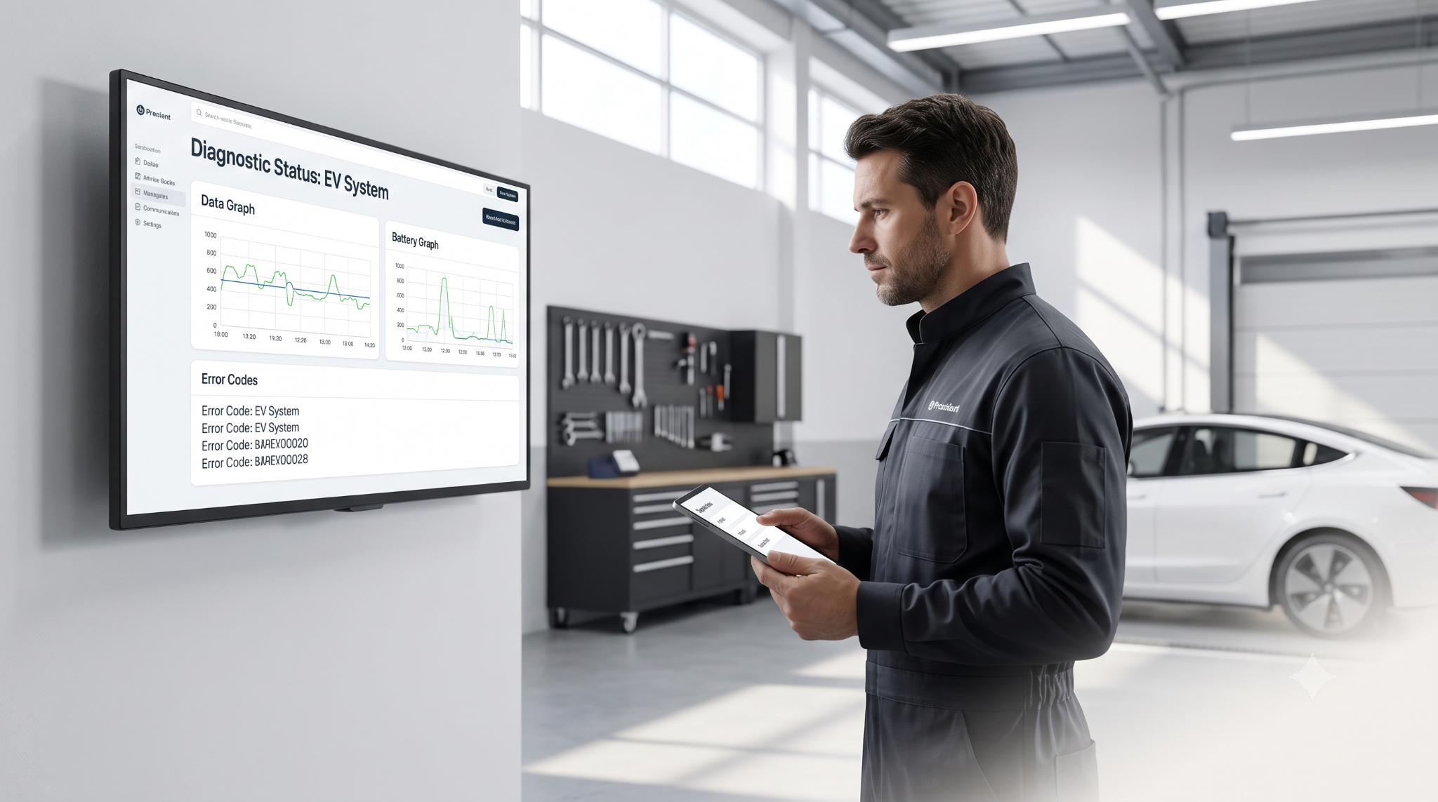 Technician analyzing diagnostic codes in a modern workshop.