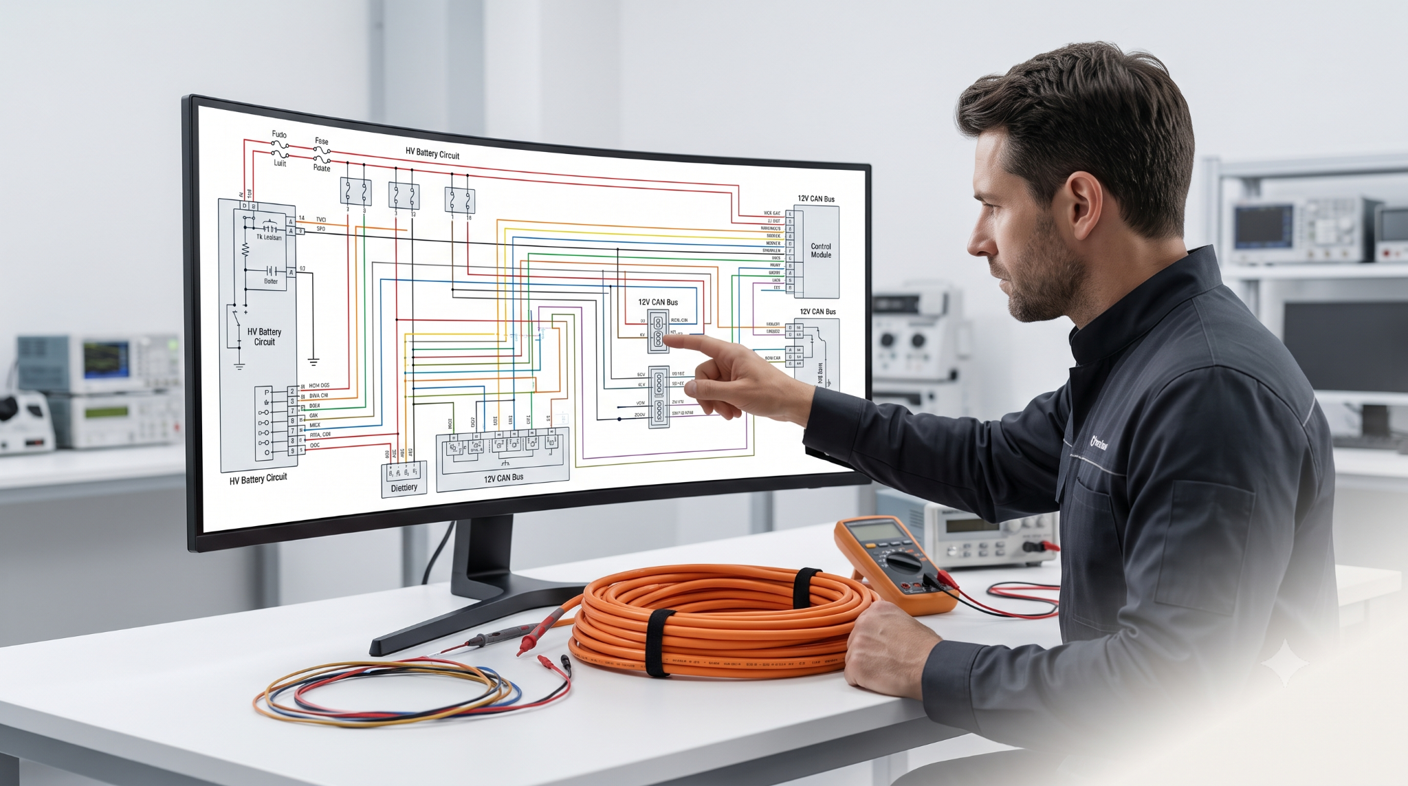 Engineer reviewing complex electric car wiring schematics.