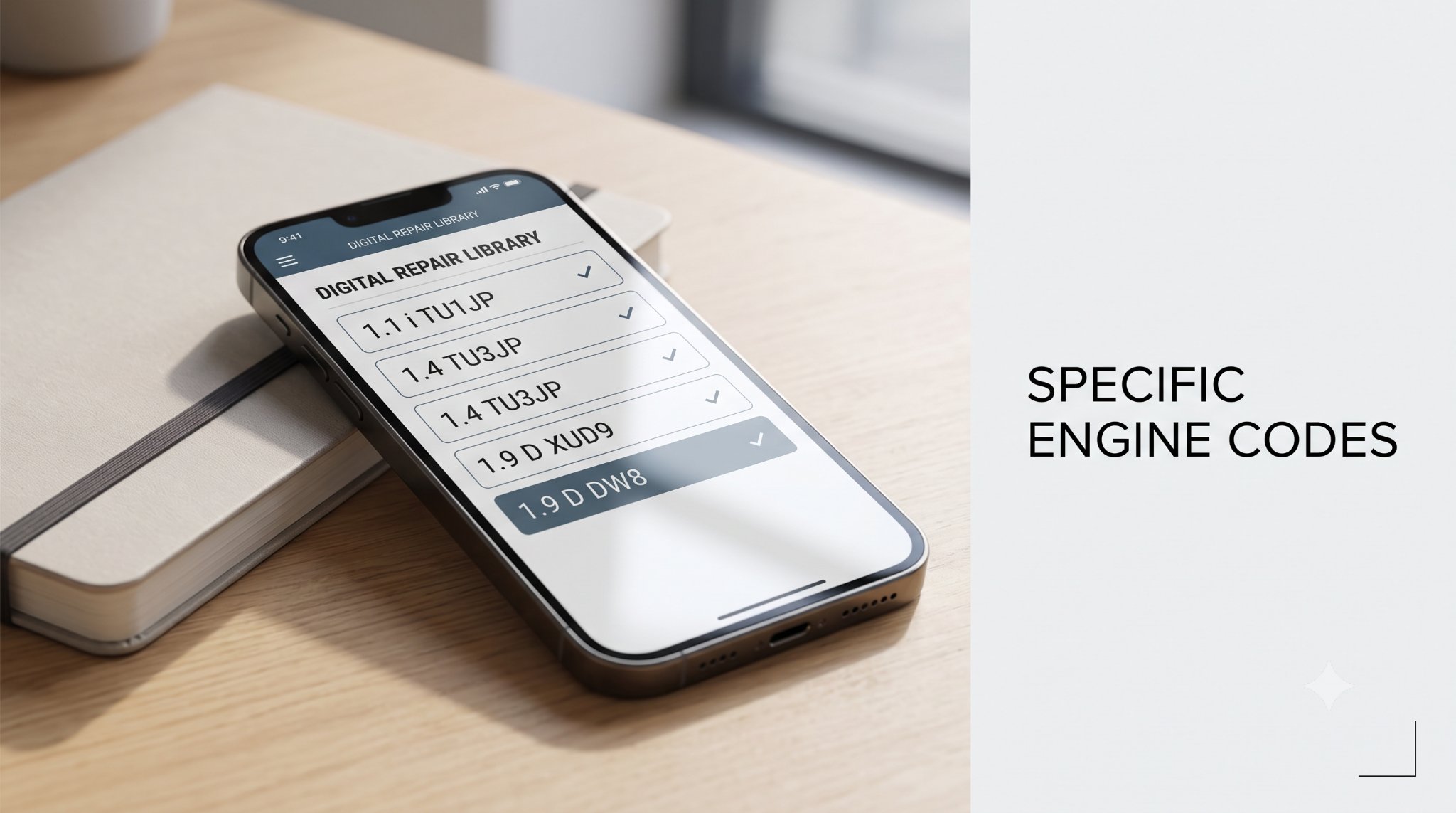 Digital interface for selecting specific Peugeot Partner engine manuals.